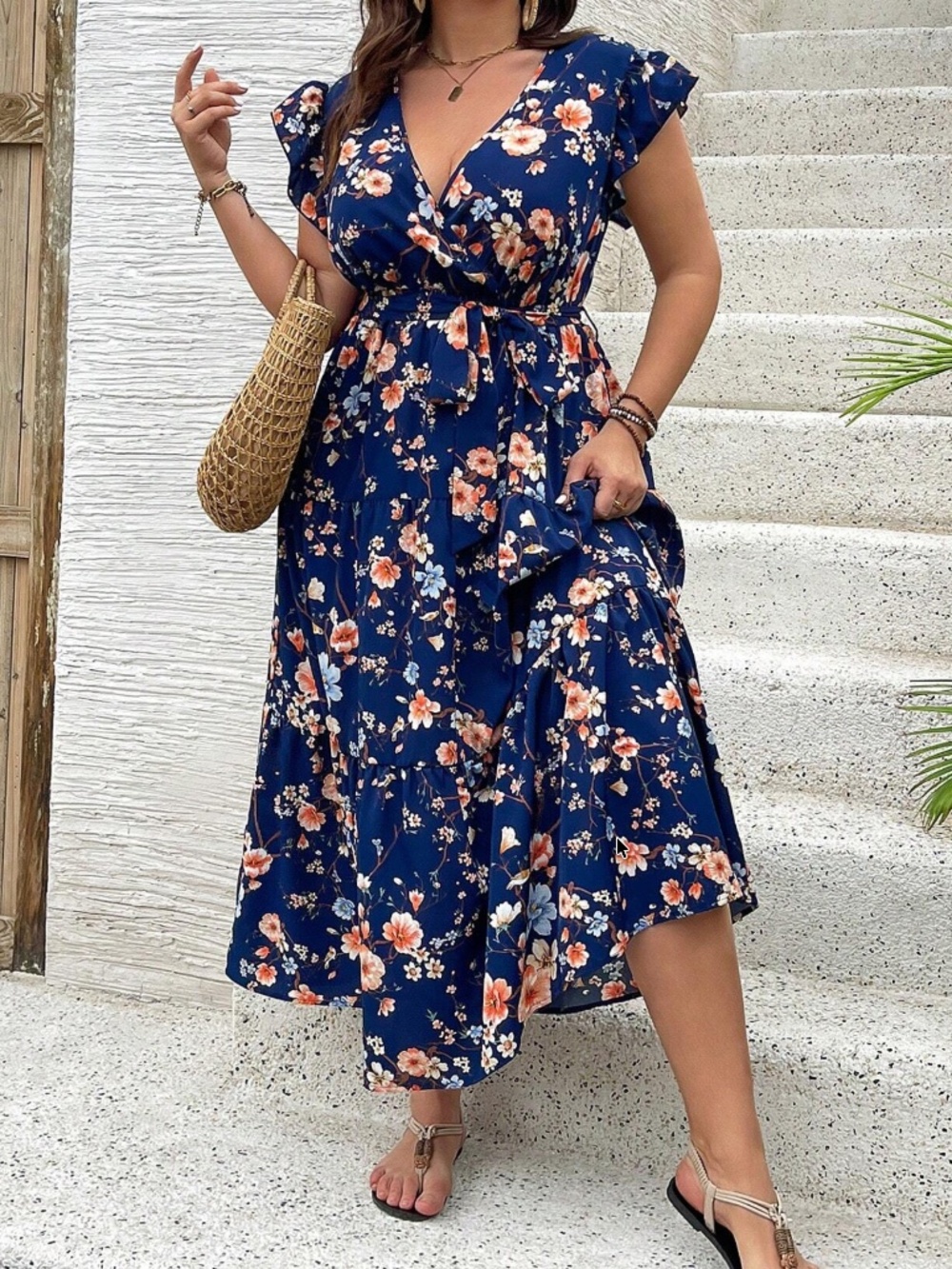 Plus Floral print V neck Ruffle cap sleeve maxi Dress - Picture 3 of 4
